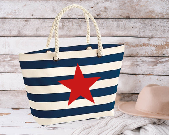 Navy Blue striped Star Beach Bag