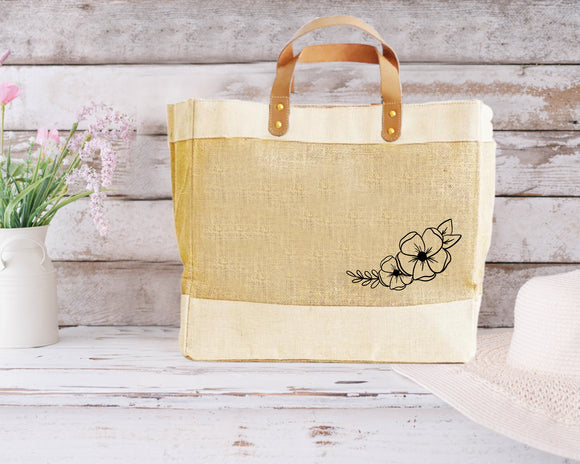 Corner Flower Illustration design Luxury Jute Shopper Bag
