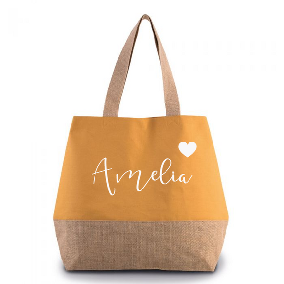 Personalised Cumin Yellow Canvas contrast Jute Shopper