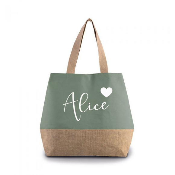 Personalised Dusty Green Canvas contrast Jute Shopper