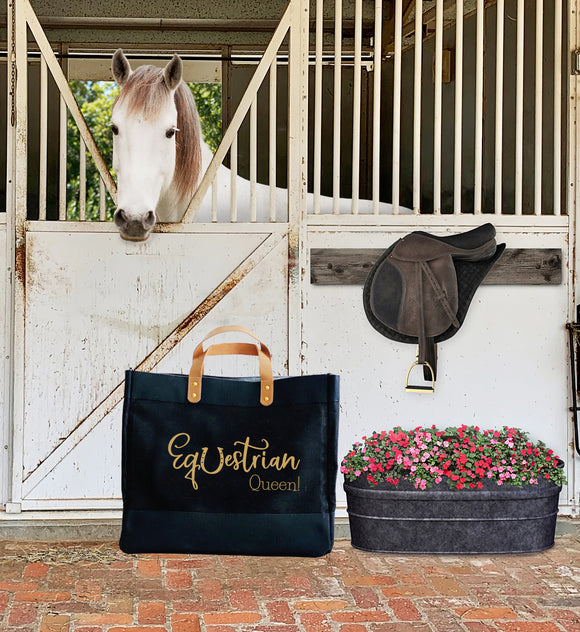 Equestrian Queen! Luxury Black Jute & Leather Shopper Bag