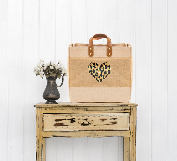 Leopard Print heart Luxury Natural Jute Handbag