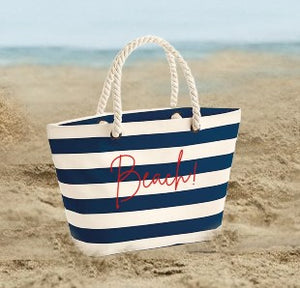 Navy Blue striped "Beach". Beach Bag