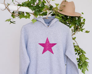 Hot Pink Glitter Star Grey Hoodie