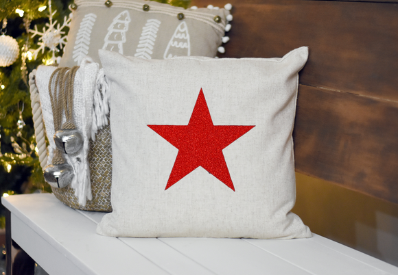 Red Glitter Star. Natural Square Cushion