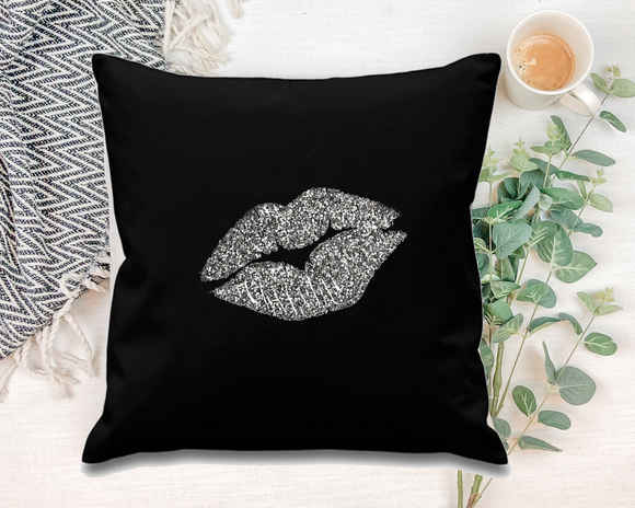Glitter lips. Black Square Cushion